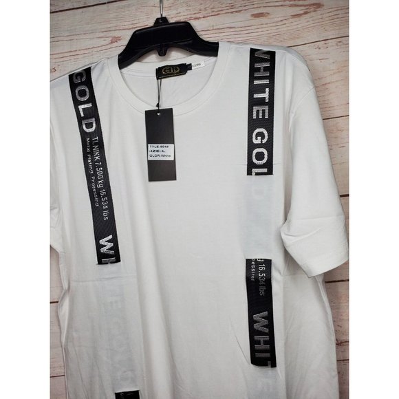 Rare Gold Leaf Large White Black Strap Design Crew Neck Designer T-Shirt - Picture 3 of 12